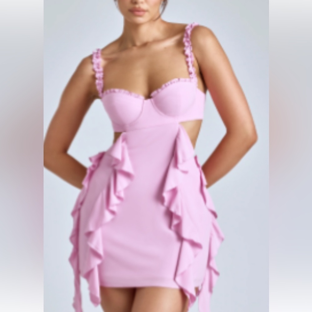 Panelled ruffle mini dress in baby pink